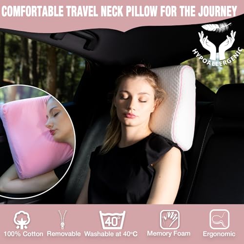 alkamto Travel & Camping Comfortable Memory Foam Pillow – Easy to Carry Portable Bag – Temperature Regulating Pillow Case (Pink Contour + Extra Cover) - color: Pink Contour + Extra Cover