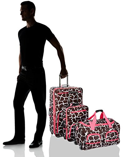Rockland Vara Softside 3-Piece Upright Luggage Set,Expandable, Pink Giraffe, (20/22/28) - color: Pink Giraffe