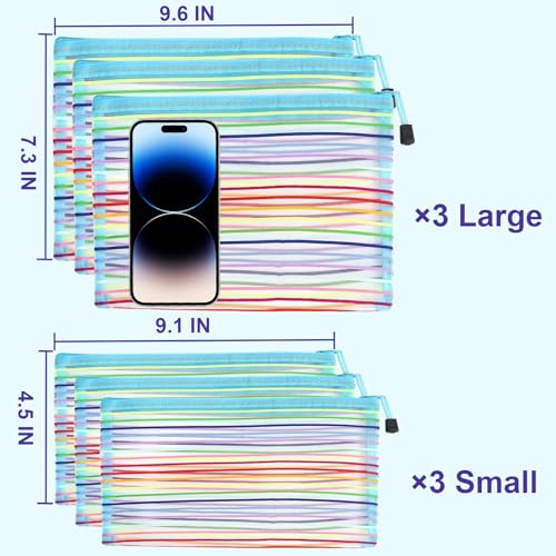 Mesh Bags with Zipper (6 Pack), Nylon Makeup Bag Cosmetic Pouches Travel Organizer Case for Purse Diaper Bag Home Organizing Striped Multi Size Blue - size: 6 Pack Makeup Nylon Mesh Blue