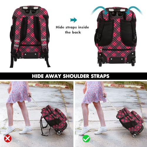 Tilami Rolling Backpack for Kids 19 inch with Lunch Bag Wheeled Laptop Backpack,Red grid - color: Red Grid