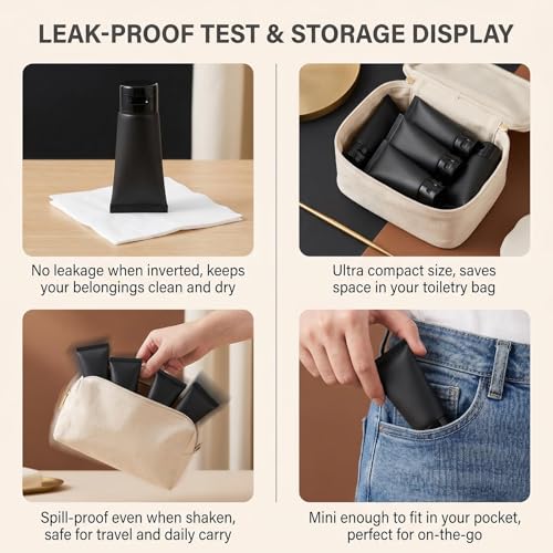 6 Pack Matte Black Empty Travel Squeeze Bottles with Flip Cap, Filling Tool & Label Stickers, Leak Proof Refillable Plastic Soft Tubes for Shampoo Lotion Toiletries Toothpaste Cosmetic (50ML/1.7oz)