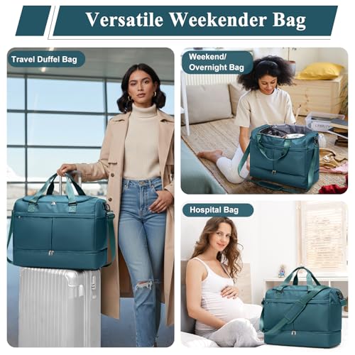 Travel Duffel Bag with Shoe Compartment,Overnight Weekender Bags for Women - color: Peacock Blue with Toiletry Bag