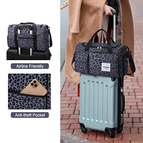 WOOMADA Foldable Travel Duffel Bag with Shoes Compartment, Overnight Bag with Wet Pocket & Trolley Sleeve, Weekender Bags for Women(B-black leopard) - color: black leopard