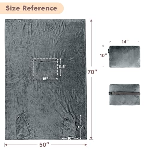 Tirrinia Travel Portable Blanket with Feet Pocket Airplane Office Poncho 4 in 1 - color: Grey, size: 50x70 inch