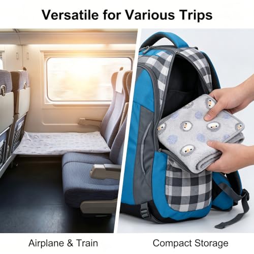 Kids Airplane Bed for Toddlers, Portable Travel Seat Extender, Soft Breathable Baby Plane Bed for Train, Adjustable Buckle & Touch Fasteners Straps, Lightweight Foot Rest, Penguin Pattern