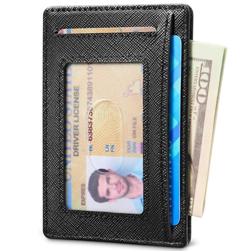Travelambo 100% Genuine Leather Wallet for Men and Women, Slim Minimalist RFID Blocking Front Pocket Credit Card Holder with Gift Box(Cross Black) - color: Cross Black
