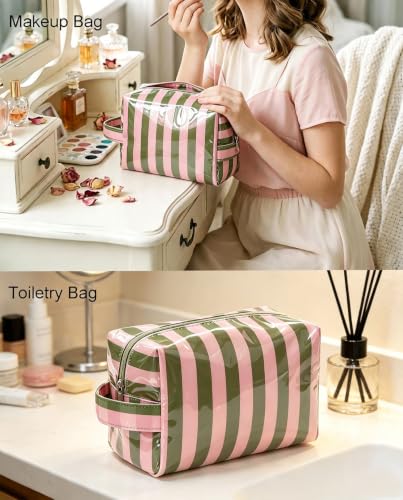 Mahjong Tile Bag, Clear PVC Striped Makeup Bag, Waterproof Coated Cosmetic Bag Travel Toiletry Bags Cute Organizer Zipper Pouch for Beach Vacation Essentials - color: Green Pink