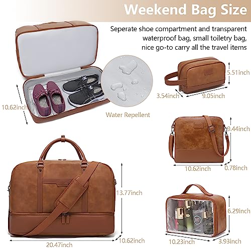 4-in-1 Waterproof Faux Leather Overnight Travel Bag for Women Men - color: Light Brown