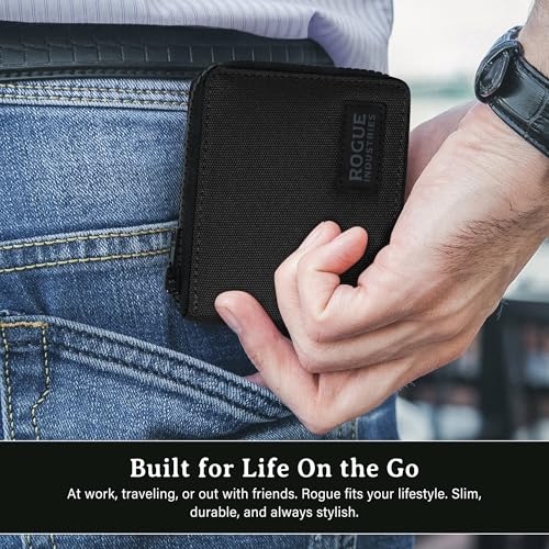 ROGUE WALLET Leather & Nylon Zip Wallet for Men, RFID Blocking, Black - color: Black