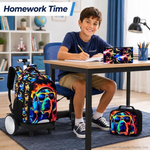 3Pcs Rolling Backpack for Boys with Detachable Large Wheels, Kids Cool Dog Wheeled Backpack Set for Elementary School Travel (Black) - color: Dog Black