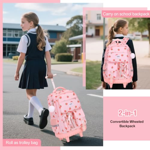 ACESAK Rolling Backpack for Girls with Lunch Box Pencil Case - color: Pink Strawberry
