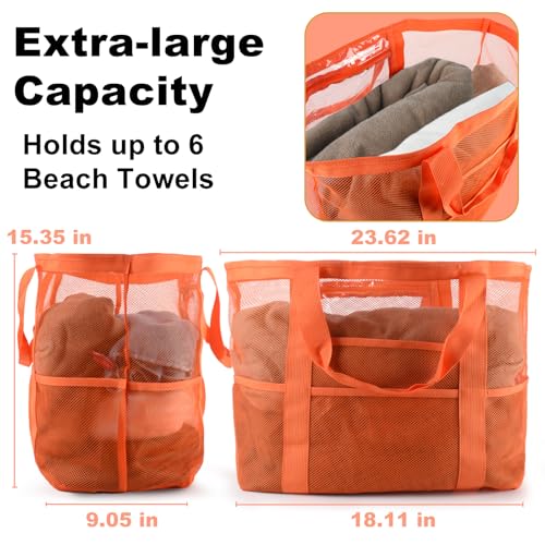 CaCTOUR Mesh Beach Bag,Large Beach Bags for Women with 8 Pockets,Packable Tote Bag for Beach Cruise Pool Vacation Essentials - color: Orange