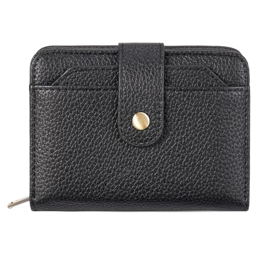 GAEKEAO Small Leather Credit Card Holder Wallets for Women RFID Blocking Bifold Wallet Zipper Pocket with Removable ID Window - color: Y-Black-Small