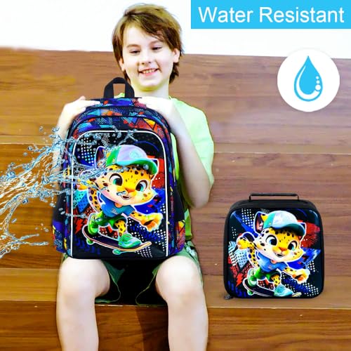 CCJPX 3Pcs Backpack for Boys, 16 Inch Preschool Elementary Kindergarten School Backpacks and Lunch Box - color: Black Leopard