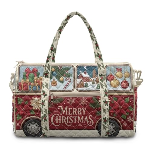 Youngerbaby Red Christmas Bus Quilted Weekender Duffle Bag for Women - color: Christmas Red Bus