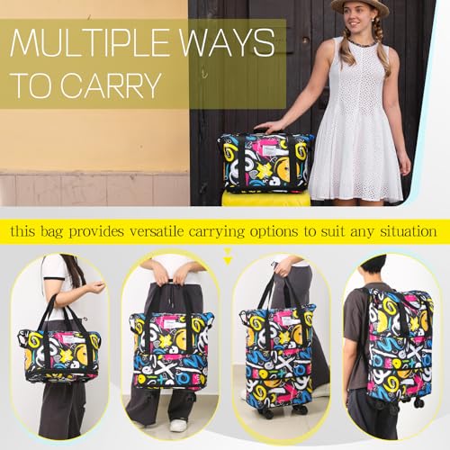 Duffel Bag with Wheels - Rolling Foldable Expandable Duffle Bag with Wheels for Travel, Rolling Luggage Carry On Bag with Wheels, Large Rolling Backpack Weekend Bags for Men Women (Black) - color: Graffiti