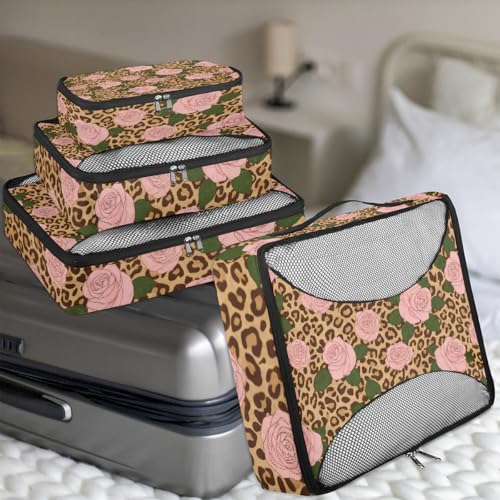 Animal Tiger Leopard Print Rose Flower Packing Cubes 4 Pack Travel Packing Bags Individual Carry on Suitcases Underwear Luggage Mesh Organizer Packing Cubes Set for Travel Bag Backpack - color: Leopard Print