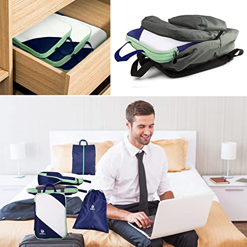 AiQInu Packing Cubes Compression, Pack of 5 Packing Bags, Compression Suitcase Organiser Set with Laundry Bag and Shoe Bag, Ultralight, Expandable, Travel Pack Organiser for Hand Luggage (Dark Blue) - color: Darkblue