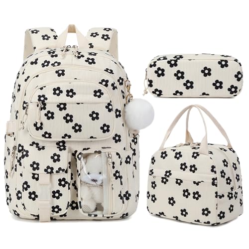 Flower Backpack Girls School Bookbag with Lunch Box Set, Black - color: Black