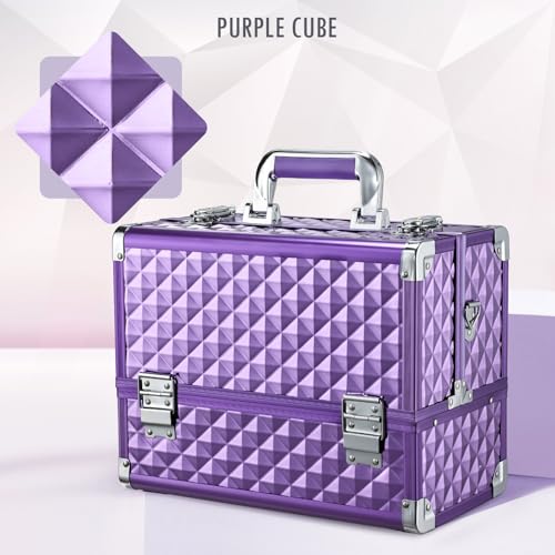 FRENESSA Makeup Train Case Makeup Case 12.6 Inch Large Cosmetic Box Organizer Travel Storage Professional Make Up Train Carrying Case with 6 Trays Locking Shoulder Strap Hard Vanity Storage Purple - color: Purple