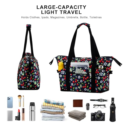 Expandable Duffel Bag for Women with Trolley Sleeve/Wet Pocket Weekender Travel Tote Large Carry On Overnight Luggage - color: Cherry