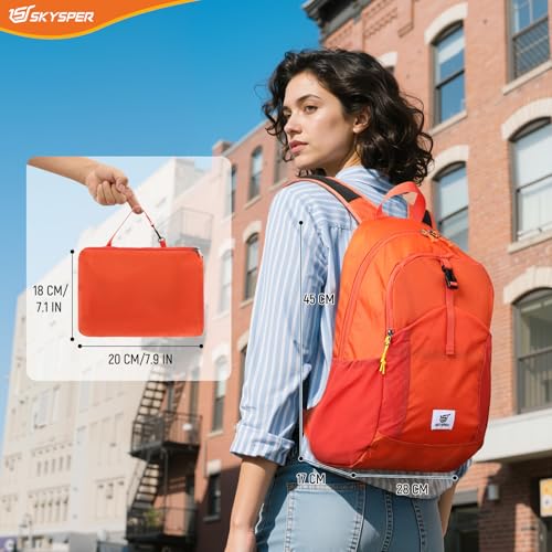 SKYSPER Small Packable Hiking Backpack 20L Anti-theift Travel Daypack | RFID Ultralight Foldable Walking Backpack with Water Bottle Holder, Nylon, Multi-compartment, Everyday Carry for Men Women - color: Orange