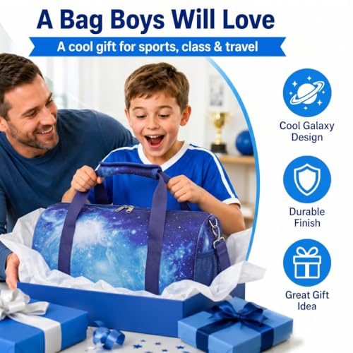 Bagseri Boys Duffle Bag for Travel - Kids Gym Bag with Shoe Compartment - color: B5-Purple Starry Sky, size: Medium - 17.3 x 9 x 9.7 in