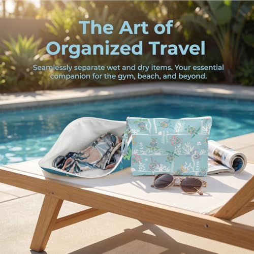 Fokongna Wet Bag, 2 Pack Waterproof Reusable Dry Separation Zipper Organizer for Beach Vacation Pool Party Gym Training Laundry Items - color: Sea Turtle Set 03