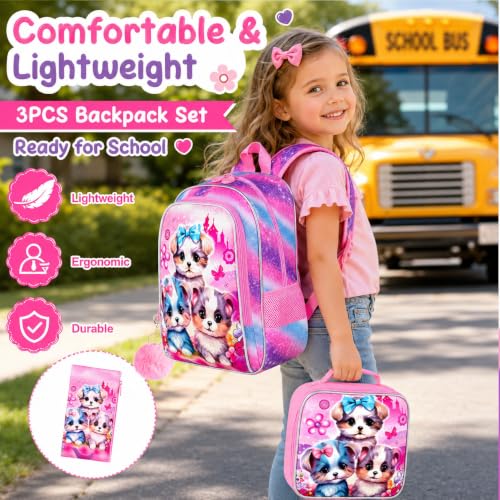 gxtvo 3PCS Girls Dog Bookbag, 16" Kids Backpackwith Lunch Box, Water Resistant School Bag for Elementary Preschool Toddler - color: Uv Printing Dog Backpack