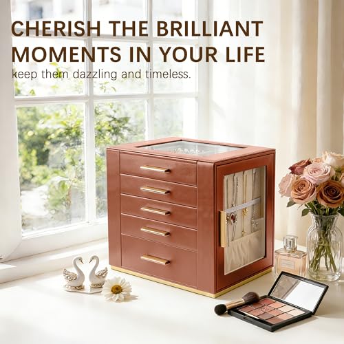 Homeanda Jewelry Boxes with Glass Lid, 5-Layer Large PU Leather, Brown - color: Brown, size: 5 Layer