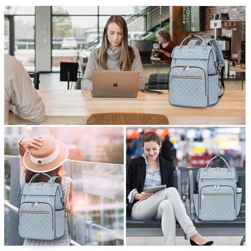 EMPSIGN 17 Inch Laptop Backpack Women with Giant Tumbler Holder, Light Blue - color: Quilted Light Blue