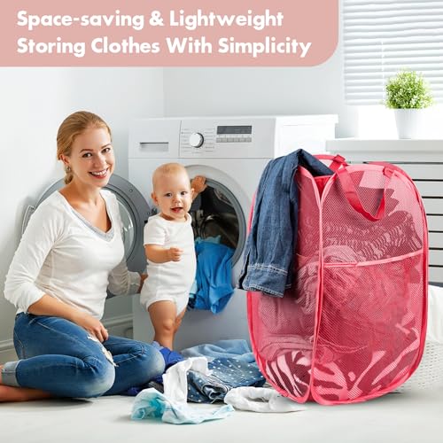 Pop Up Laundry Hamper, 70 L Collapsible Mesh Basket with Side Pocket, Red - color: 1 PCS Red