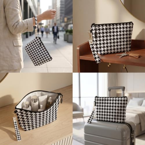 Fokongna Makeup Bag with Keychain Wristlet, Classic Houndstooth - color: Classic Houndstooth