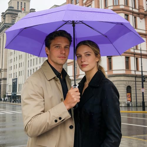 Windproof Golf Umbrella Large 54 Inch Folding Auto Open Close Wood Handle - color: 06.Purple