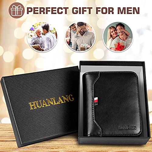 HUANLANG Mens Wallet Zipper RFID Blocking Multi Card Holder Bifold Wallets - color: Black