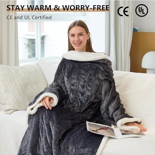 Heated Blanket Wearable Electric Blanket with Heated Foot Pocket, Portable Heated Blanket with Sleeves Flannel & Sherpa Heating Blanket with 6 Heating Levels & 1-10 Hour Timer, 51" * 71"+18", Grey