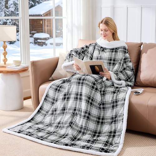 Electric Heated Blanket Wearable Throw with Foot Pocket & Front Pouch - color: Grey Plaid, size: Long