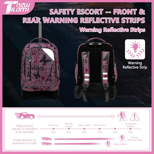NEW TILAMI 18-Inch Rolling Backpack 6-Wheel for Kids School Travel - color: Pink Paris Cute