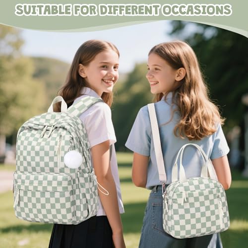 3PCS Corduroy Girls Backpack w/ Lunch Box & Pencil Bag (Green Chessboard) - color: Green Chessboard