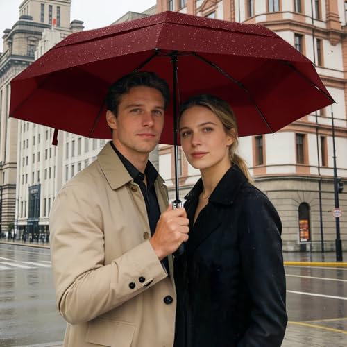 Windproof Golf Umbrella Large 54 Inch Folding Auto Open Close Wood Handle - color: 07.Wine Red