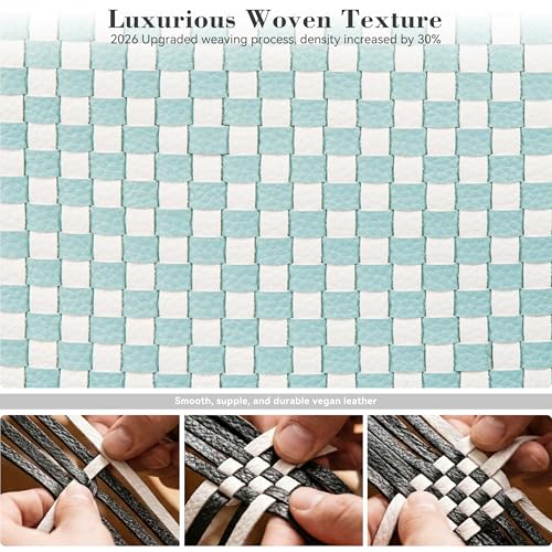 Woven Crossbody Bag for Women, Checkered PU Bum Bag Sling Purse with Adjustable Strap for Travel, Festivals - color: Aqua Blue & White