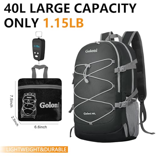 Goloni Ultra Lightweight Packable Backpack 40L - Foldable Hiking Backpack Water Resistant Small Foldable Daypack for Travel,Black - color: Black