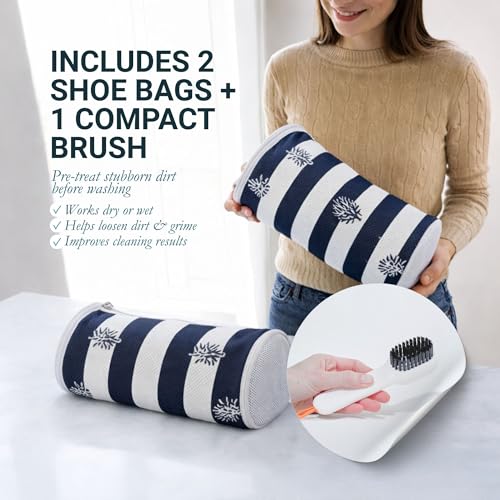 Shoe Washing Machine Bags (2-Pack) – Laundry Bag for Sneakers, Protect Shoes & Washer, Durable Thick Chenille, Reinforced Zipper, Includes Sneaker Brush – Bluehome - color: Blue Stripes