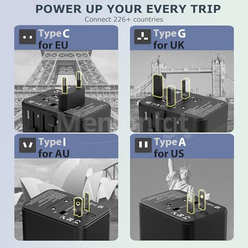 Universal Travel Adapter, International Power Plug with 2 USB-C & 2 USB-A Ports, Worldwide Wall Charger for Europe, UK, US, AU, Fast Charging for iPhone 15/Pro, Samsung (Black)