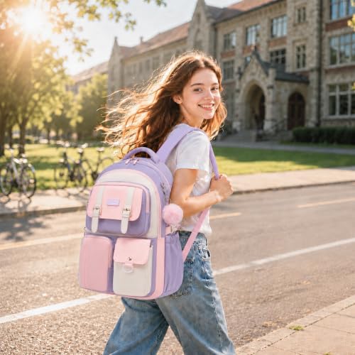 Backpack for Girls, School Backpacks for Teen Girls with Lunch Box - color: Purple Pink