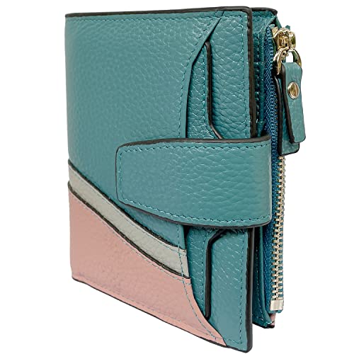 Women's RFID Blocking Leather Small Compact Bi-fold Zipper Pocket Wallet Card Case Purse with id Window - color: Wavy Sky Blue
