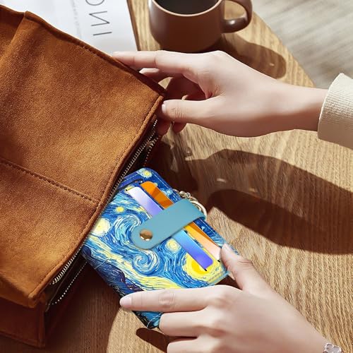 Airkit Small Wallet Women RFID, PU Leather Card Holder with Keychain - color: Colorful Starry Sky
