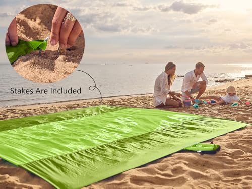 WEKAPO Beach Blanket Sandproof Waterproof, Extra Large Beach Mat, Oversized & Compact Sand Free, Quick Drying Beach Essentials for Vacation, Cruise, Picnic & Camping with Stakes - color: Green, size: 9x10 FT (1~8 person)