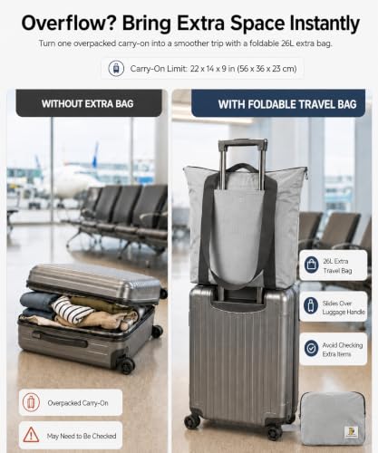 Foldable Travel Bag, 26L Lightweight Weekender Duffel, Expandable Second Carry-On Bag for Travel & Shopping, Water-Resistant Personal Item Bag, Gray - color: Gray