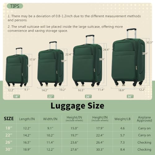 Merax Softside Luggage Set 4 Piece,18/22/26/30 Expand Suitcase,Dark Green - color: Dark Green, size: 18/22/26/30
